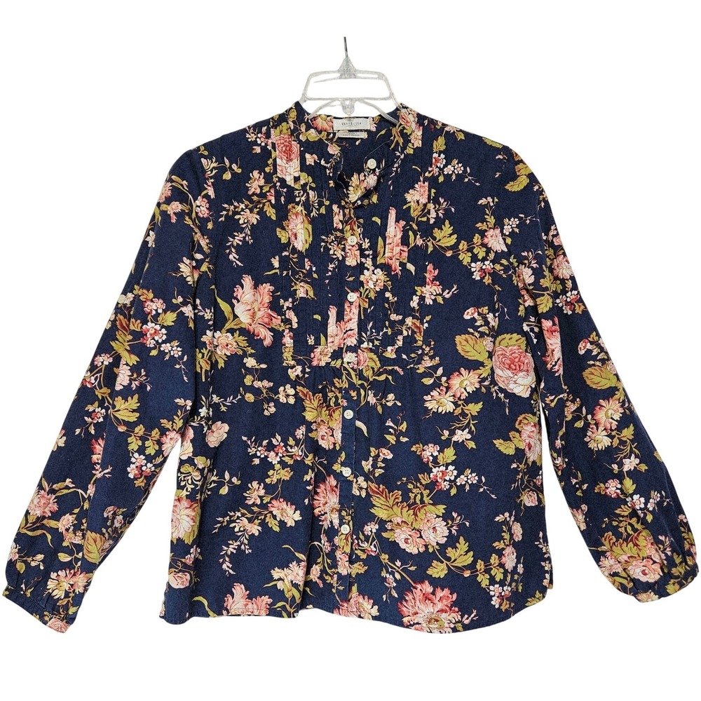 Van Heusen Women Blouse Large Blue Floral Pintuck 100% Cotton Shirt Shabby Chic